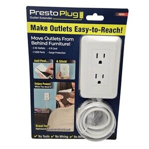 Presto Plug Wall Outlet Extender 4 ft Cord Peel & Stick As Seen On TV 2 AC 2 USB